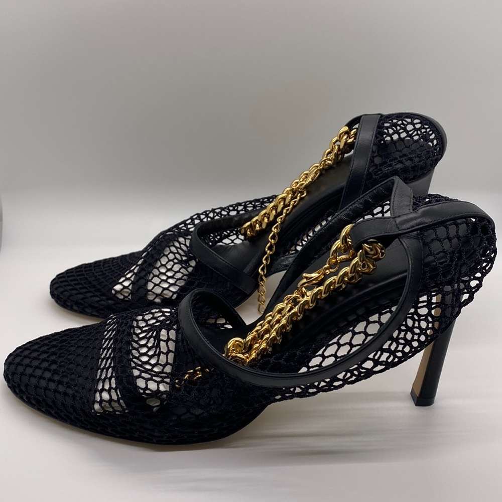 Bottega Veneta Sand Tex Pumps Mesh Gold-Tone Chain Ankle Strap New - Picture 9 of 13